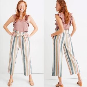 Madewell Tie-Waist Hutson Pull-On Crop Wide Leg Pants Linen Blend Striped Medium